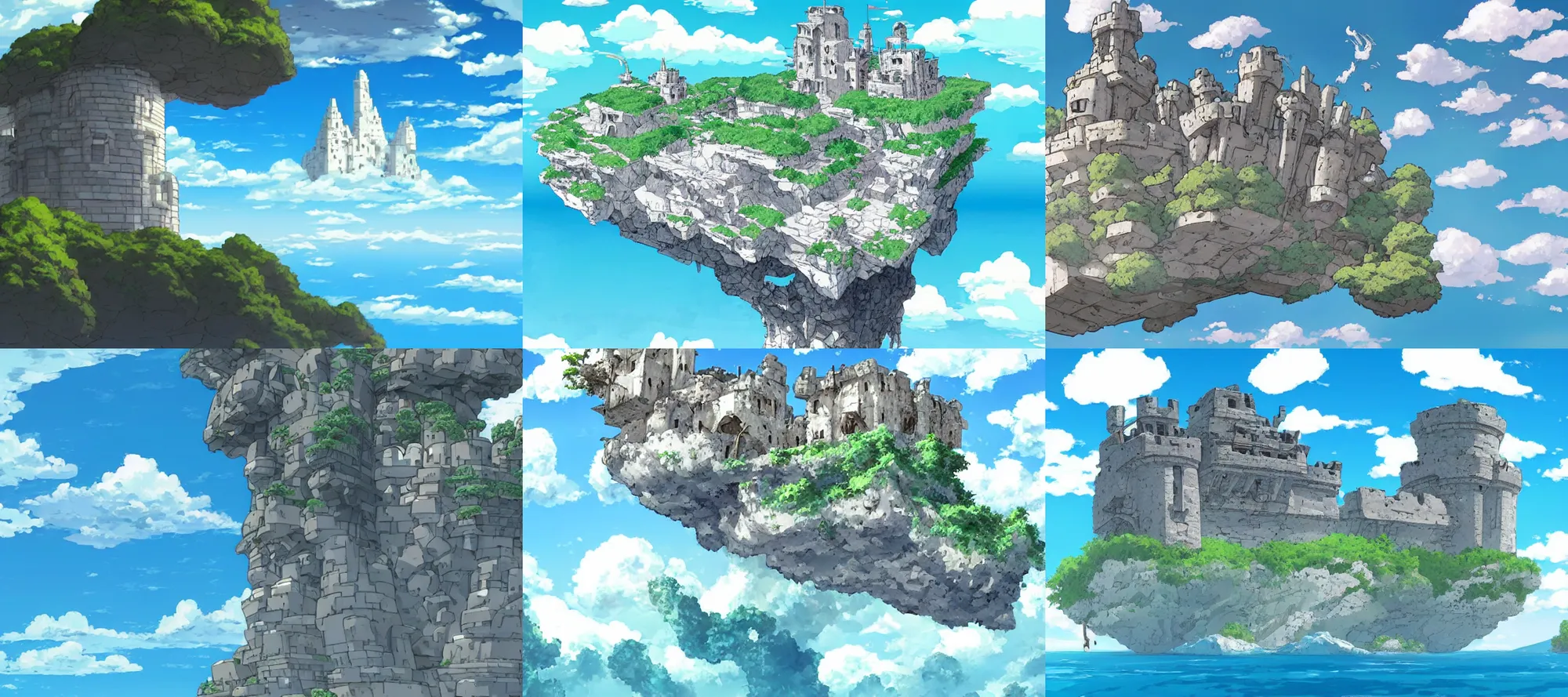 Prompt: floating marble island in the sky with a destroyed ancient castle on it, laputa, studio ghibli, anime style, azure blue sky