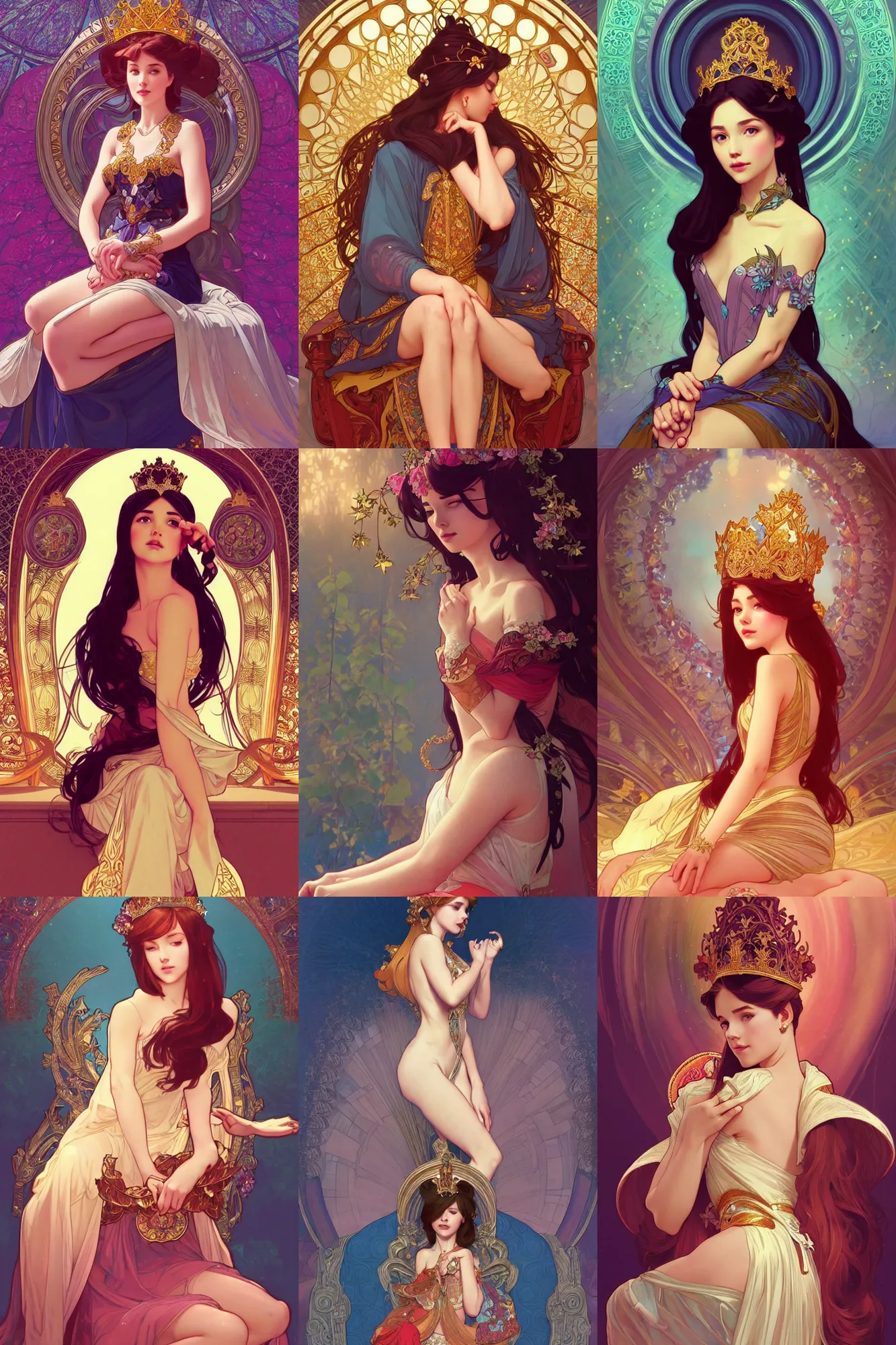 Prompt: A beautiful princess sitting on a throne, highly detailed, digital painting, artstation, concept art, smooth, sharp focus, illustration, art by artgerm and alphonse mucha, high definition digital art, in the style of Ross tran and ilya kuvshinov