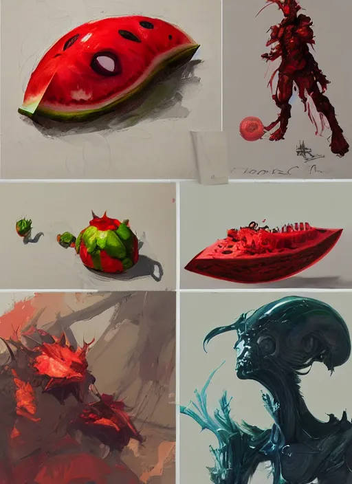 Image similar to semi reallistic gouache gesture painting, by yoshitaka amano, by ruan jia, by Conrad roset, by dofus online artists, detailed anime 3d render alien watermelon monster, watermelon alien terrible monster, antrophomorfic watermelon, portrait, cgsociety, artstation, rococo mechanical, Digital reality, sf5 ink style, dieselpunk atmosphere, gesture drawn