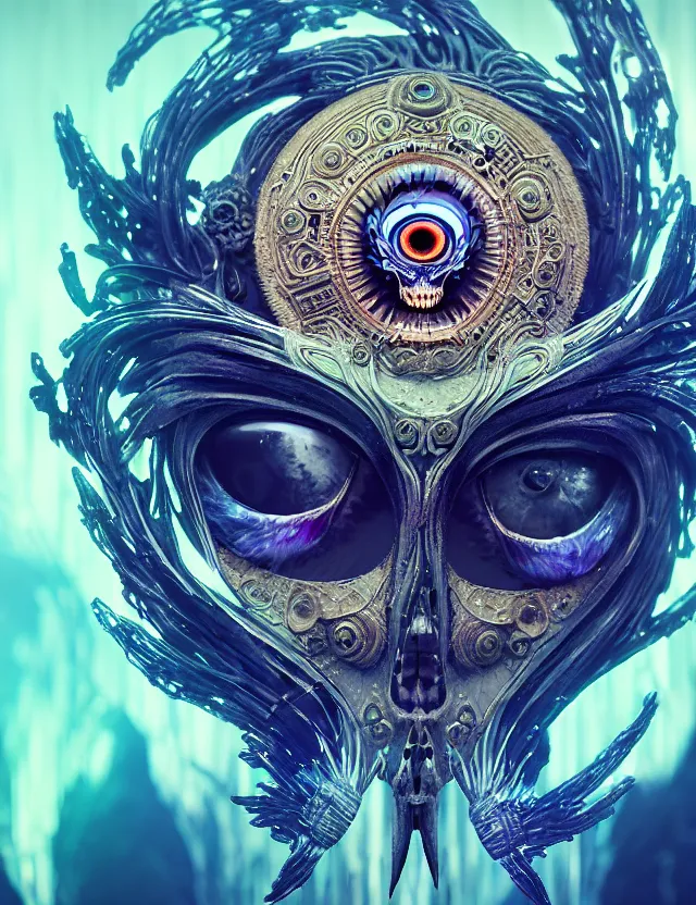 Image similar to eye of goddess macro close - up portrait with mask made of ram phoenix skull. betta fish, jellyfish, plasma, water, wind, creature, super intricate ornaments artwork by tooth wu and wlop and beeple and greg rutkowski