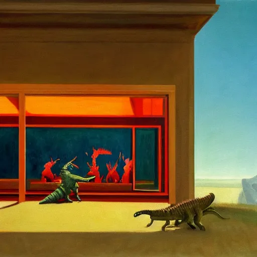 Image similar to painting of the extinction of the dinosaurs with asteroid and fire, in the style of edward hopper