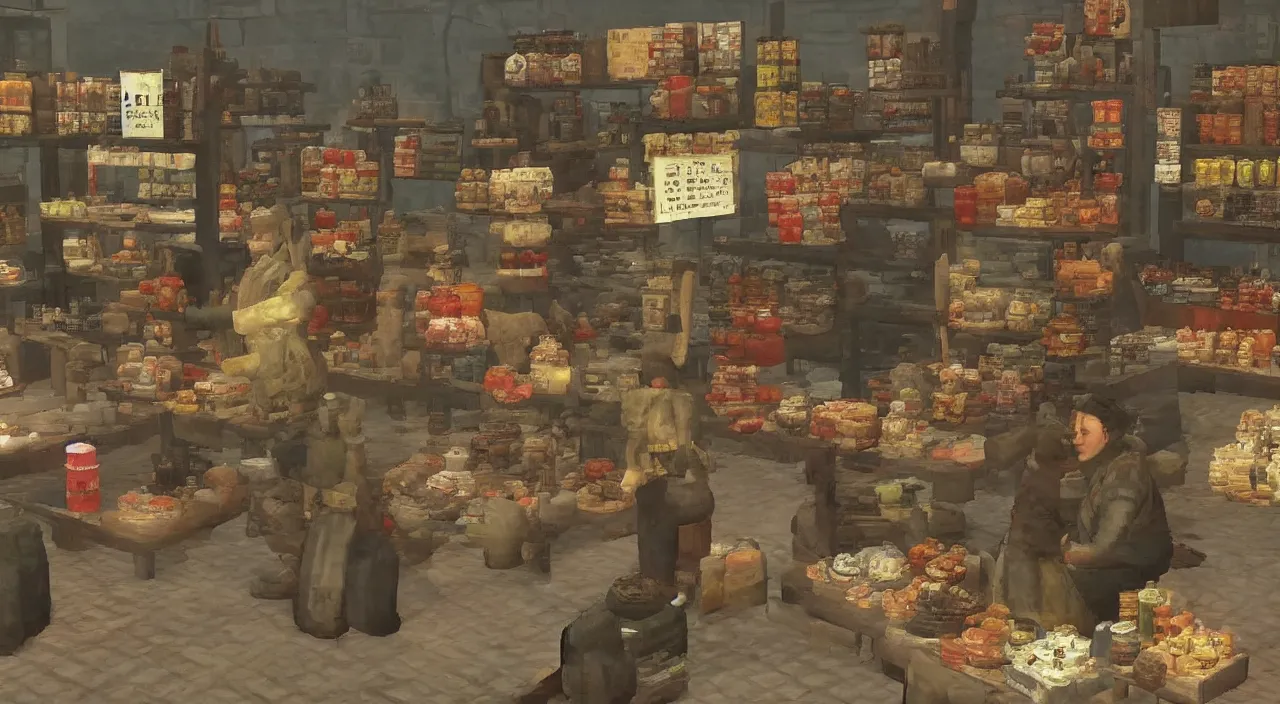 Image similar to A shopkeeper selling canteens, new vegas style