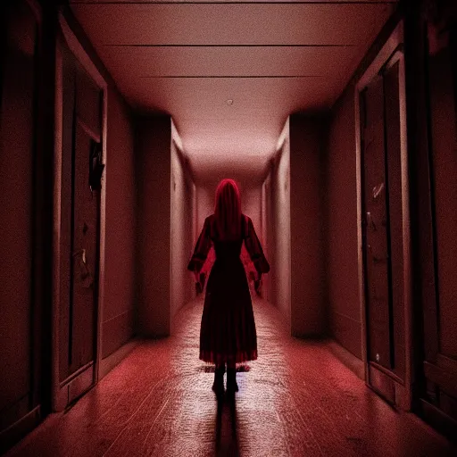 Image similar to A creepy woman standing in the center at the end of a dark red, long, fibrous hallway with hardly any light illuminating the room, dark photography, dark art style, trending on artstation, artstationHQ, artstationHD, 4k, 8k