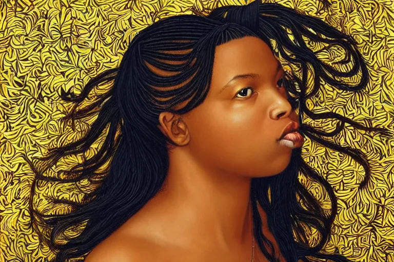 Prompt: a beautiful girl with long hair and with iridescent skin by kehinde wiley