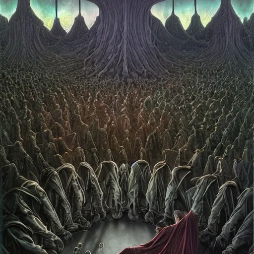 Image similar to a dark cabal of hooded elven mystics gathered in a circular formation around highly advanced alien computer technology processing the souls of the dead, dan seagrave art, michael whelan