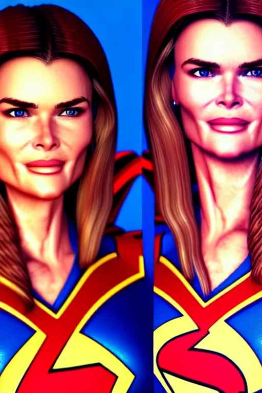 Image similar to portrait of a mix of beautiful young maria shriver, mariel hemmingway, brooke shields and elle macpherson as supergirl, thin lips, hair tied up in a pony tail, colorful artstation, cgsociety