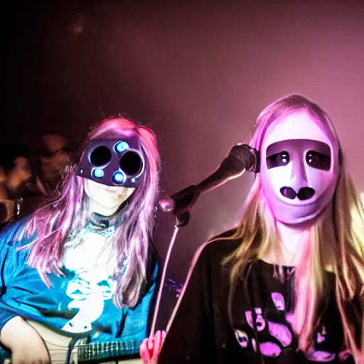 Image similar to scandy and arender playing a live gig at night time with masks on, beautiful girls, colored lights, stroboscope, heavy fog machine, no faces visible, huge crowd on drugs, ecstatic crowd, photorealistic photography