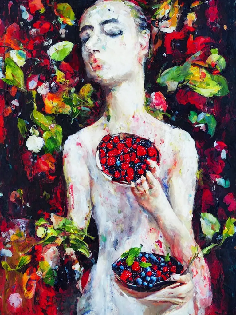 Prompt: “art in an Australian artist’s apartment, organic, portrait of a woman wearing white silk, neoexpressionist, eating luscious fresh raspberries and strawberries and blueberries, edible flowers, black background, acrylic and spray paint and wax and oilstick on canvas”