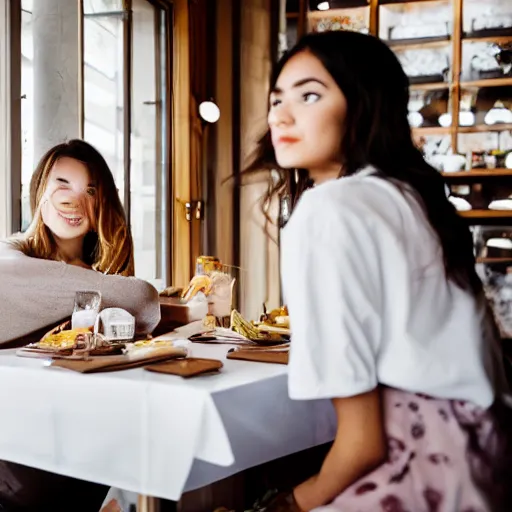 Image similar to The influencer EnjoyPhoenix dining in a Canadian restaurant called Lapinou. Hyperrealistic sharp photo, sigma 1/6. 50 mm