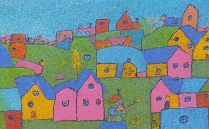 Prompt: village, houses with faces, pastel colours, naive