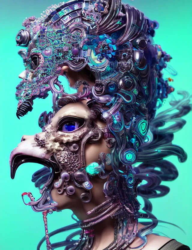 Image similar to 3 d goddess close - up profile portrait cyberpunk with ram skull. beautiful intricately detailed japanese crow kitsune mask and clasical japanese kimono. betta fish, jellyfish phoenix, bio luminescent, plasma, ice, water, wind, creature, artwork by tooth wu and wlop and beeple and greg rutkowski