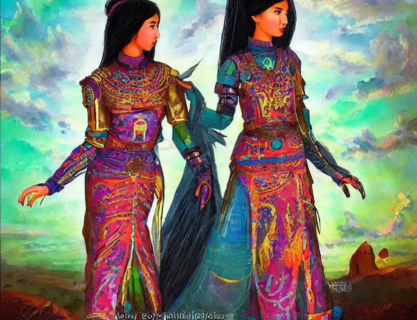 Image similar to central asian scifi princess of the steppe, wearing a lovely dress with cyberpunk details. this oil painting by the beloved children's book author has an interesting color scheme and impeccable lighting.