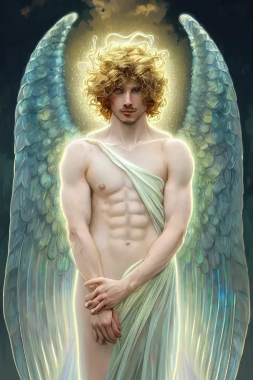 Prompt: portrait of a beautiful young fit male angel with curly blond hairs, dressed with fluent clothes, majestic wings, luminous halo, by greg rutkowski and alphonse mucha, d & d character, gradient white to gold, in front of an iridescent background, highly detailed portrait, digital painting, artstation, concept art, smooth, sharp focus ilustration, artstation hq