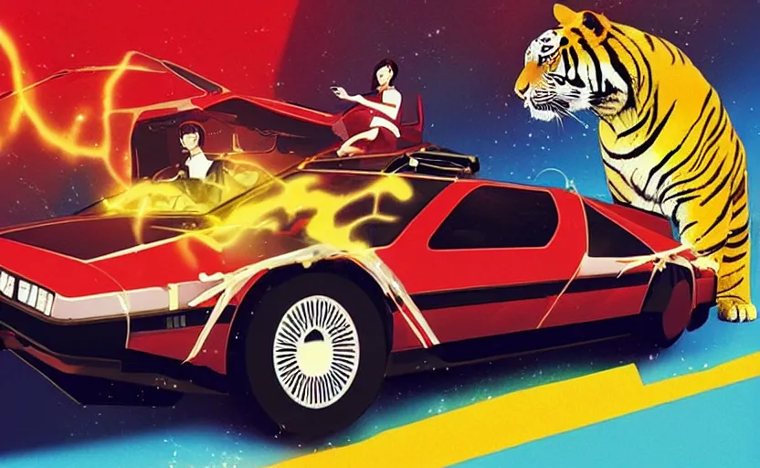 Image similar to a red delorean with a yellow tiger, art by hsiao - ron cheng & shinya edaki in a magazine collage style, # de 9 5 f 0