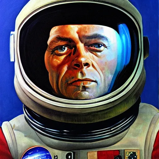 Prompt: a portrait of Dave from 2001 a space odyssey, in his spacesuit, masterpiece, oil painting, frank frazetta