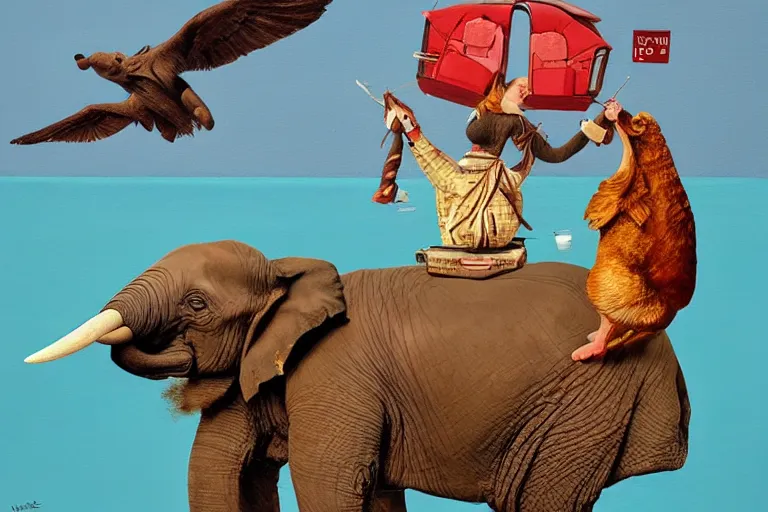 Prompt: Beautiful painting of an elephant sitting on the back of a flying hen by wes anderson, trending on artstation , 8k
