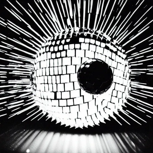 Image similar to a disco ball shaped like a skull full of long spikes, reflecting light in a nightclub, grainy film photograph