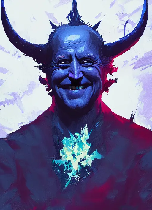 Image similar to dark Joe Biden grinning emperor of the world, high contrast with devil horns, cosmic horror, abstract, masterpiece, trending on ArtStation, by Greg Rutkovski and by Craig Mullins and by David Cronenberg and by Ismail Inceoglu