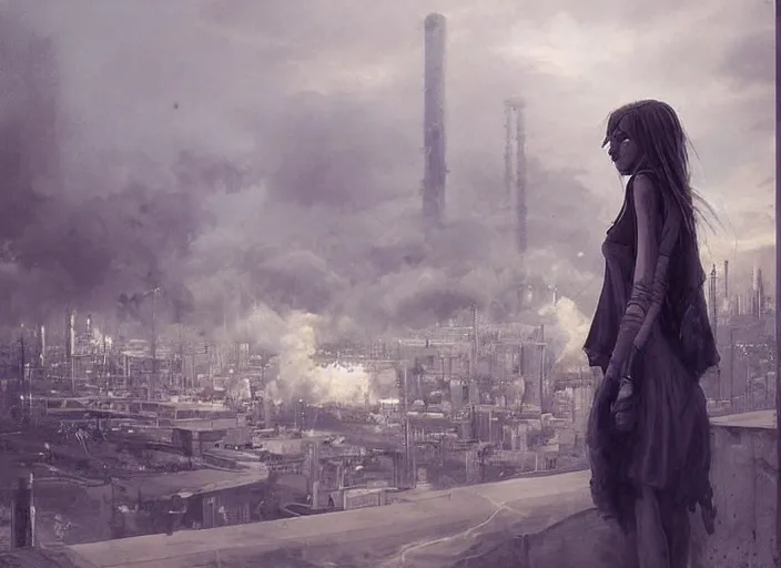 Prompt: mysterious sad girl wrapped in smoke observing a big industrial city metropoli in the distance, cloudy sky, by greg rutkowski