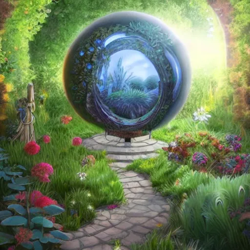 Prompt: a portal in a mysterious garden filled with spherical plants, trending on art station