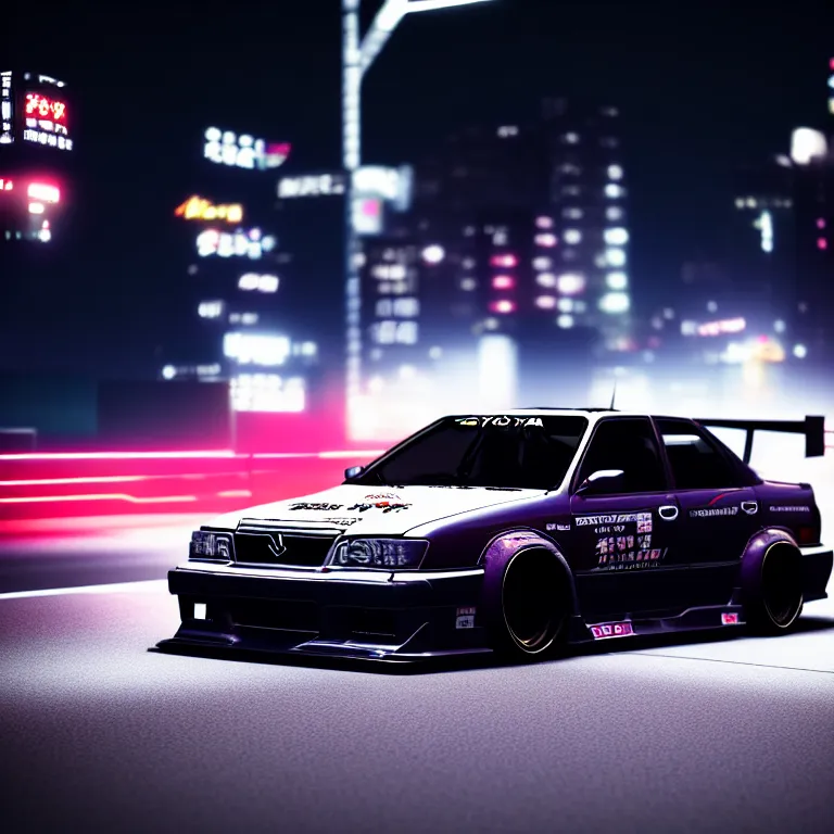 Image similar to Toyota JZX100 Drift, detailed-wheels, Shibuya prefecture, cinematic lighting, photorealistic, night photography, octane render