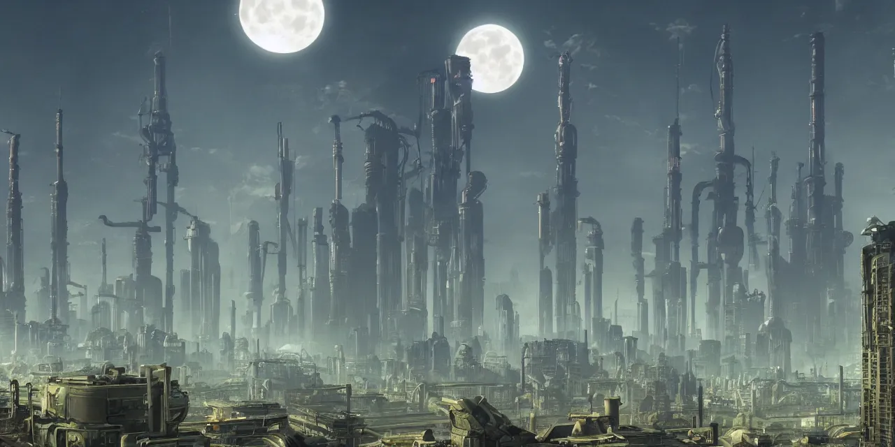 Image similar to a big city like coruscant and rupture farms from oddworld, with green smog sky, tall metal towers, a big moon in the sky, flying vehicles, factories, smoke, in the style of soviet realism