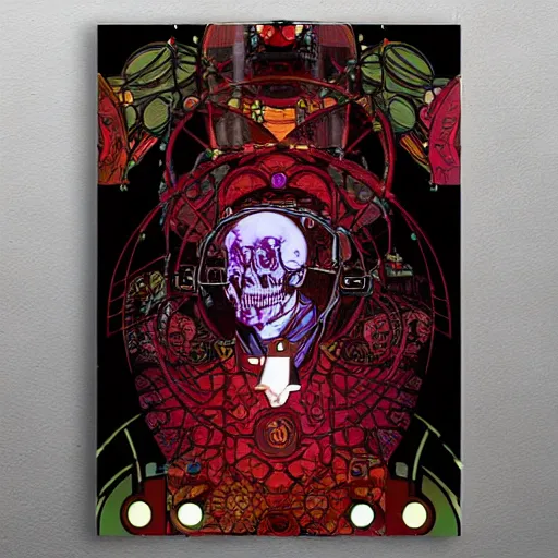 Prompt: cyberpunk skull merged with thousand cherries night sky art moebius alphonse mucha futuristic hi-tech details door in background loading screen