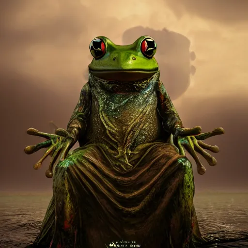 Image similar to a frog wizard sitting on a throne on an apocalyptic plagued swamp, trending artstation, octane render, 8k, cinematic lightning, matte painting,