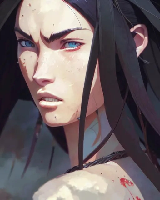 Image similar to azctec warrior, megan fox, detailed perfect face, exquisite details, fire magic, by studio muti, greg rutkowski makoto shinkai takashi takeuchi studio ghibli