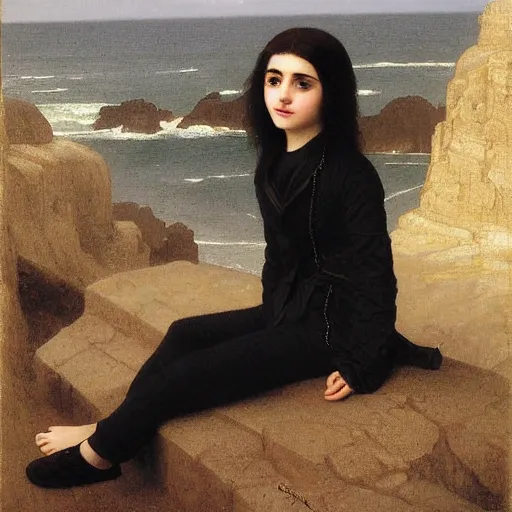 Image similar to 1 7 - year - old pale - skinned british - persian girl with black long bob cut, long bangs, black gothic jacket, black jeans, psychic girl, standing on cliff along the irish coast, overcast gray skies, ultra - realistic, sharp details, subsurface scattering, intricate details, art by william - adolphe bouguereau