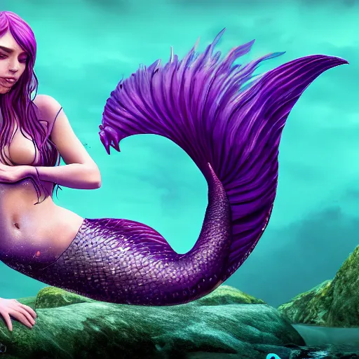 Image similar to a mermaid with a purple tail, 4k digital art, award-winning, masterpiece, artstation, hyperdetailed