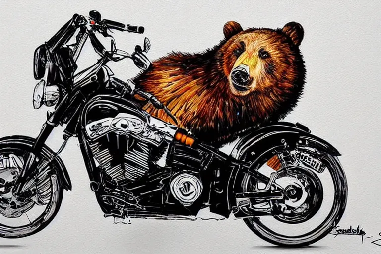 Image similar to a bear riding a Harley Davidson by Sandra Chevrier