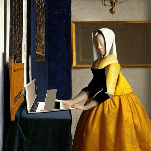 Prompt: painting of a royal female robot using a computer by Vermeer, Dutch Golden Age