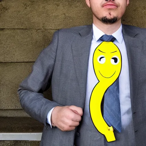 Image similar to a man wearing a suit banana head