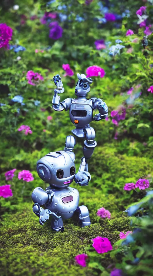 Image similar to toy robot in a garden, hyper detailed, sharp focus, bokeh, unreal engine, ray tracing, cute, fantasy, sci fi, purple flowers, tiny, small, hyper realistic