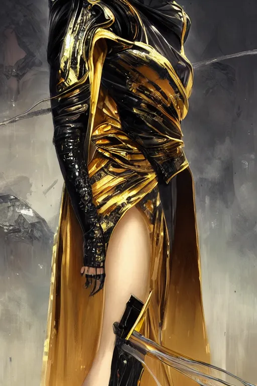 Image similar to Photorealistic illustration, 3/4 view of Korean fashion model in Star Wars sith black and gold robes, sci-fi, futuristic, intricate, elegant, highly detailed, digital painting, artstation, concept art, smooth, sharp focus, art by artgerm, greg rutkowski and alphonse mucha