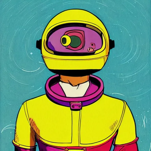 Prompt: bright vibrant saturated portrait, cool classy noisy, cat in space helmet by Eli Mendelson and Jenn Martin james gurney artstation trending artist in the style of studio Ghibli and 1960s americana Comics, HQ 8k scan