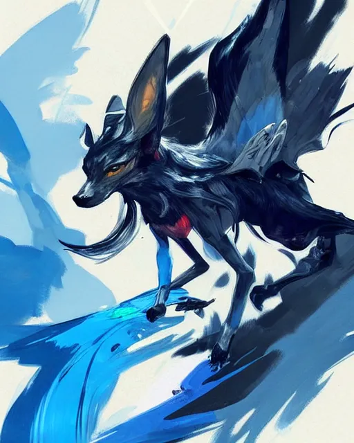 Image similar to concept art of winged wolf neon blue and black, highly detailed painting by dustin nguyen, akihiko yoshida, greg tocchini, 4 k, trending on artstation, 8 k