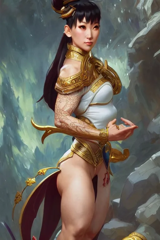 Image similar to beautiful chun li, full body shot, d & d, fantasy, intricate, elegant, highly detailed, digital painting, artstation, concept art, matte, sharp focus, illustration, hearthstone, art by artgerm and greg rutkowski and alphonse mucha