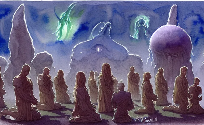 Image similar to a hyperrealist watercolour character concept art portrait of a group of druids kneeling down in prayer to a tall elegant lovecraftian alien on a misty night in stone henge. a battlecruiser starship is in the background. by rebecca guay, michael kaluta, charles vess and jean moebius giraud