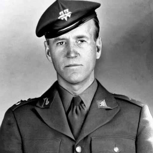 Prompt: joe biden as if he was a soldier during ww 2, grainy colorized photo