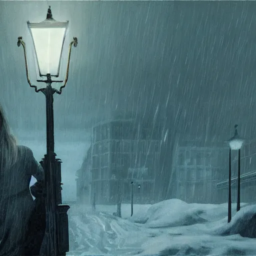 Image similar to Elle Fanning in Dark Souls in the world of Edward Hopper, stormy snowy weather, streetlights, extremely detailed masterpiece, oil on canvas, low-key neon lighting, artstation, Blade Runner 2049, Roger Deakin’s cinematography, by J. C. Leyendecker and Peter Paul Rubens,