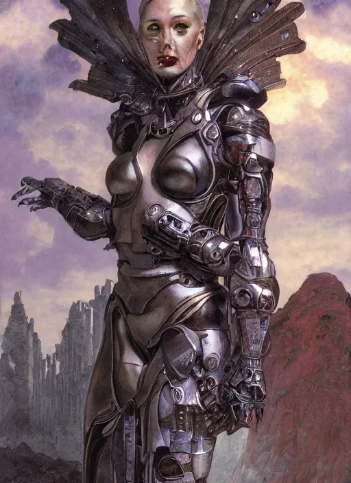 Image similar to portrait of a diabolical beautiful female cyborg girl, torn cape, adaptive armor, dynamic pose, heavy eyes to the side, ancient ruins, glowing veins subsurface scattering, in clouds, sunset, portrait, by gerald brom, by mikhail vrubel, by peter elson, muted colors, extreme detail, reflections, trending on artstation, 8 k