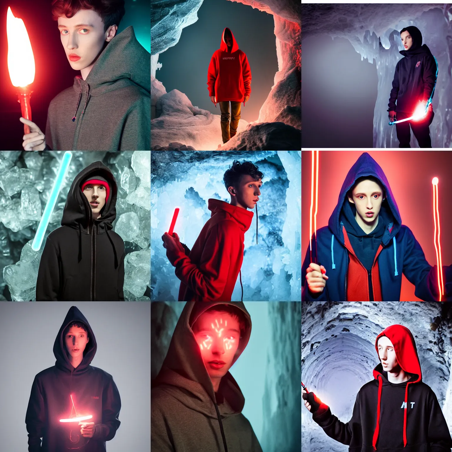 Prompt: Troye Sivan wearing an assassins hood, holding a small glowing red magical wand with electrical bolts emitting from it. In a cave made of ice. Trending on Artstation, octane render, ultra detailed, art by Ross tran
