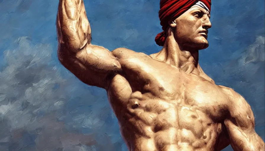 Image similar to roman statue of a muscular man wearing a turban, roman god statue, cinematic shot, oil painting by jama jurabaev, extremely detailed, brush hard, artstation, for aaa game, high quality, brush stroke