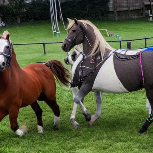 Prompt: horses doing big lines of ketamine at the rave