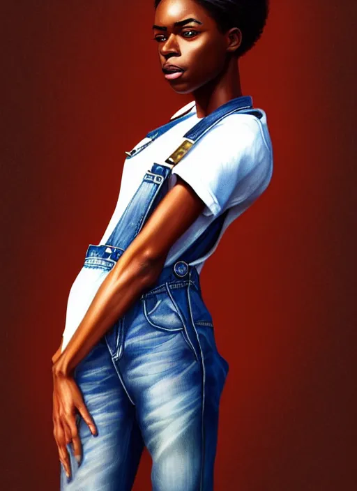 Image similar to full body portrait of young black woman as a firewoman, white t - shirt and denim overalls, intricate, beautiful and elegant, highly detailed, digital painting, artstation, concept art, smooth, sharp focus, illustration, art by wlop, mars ravelo and greg rutkowski