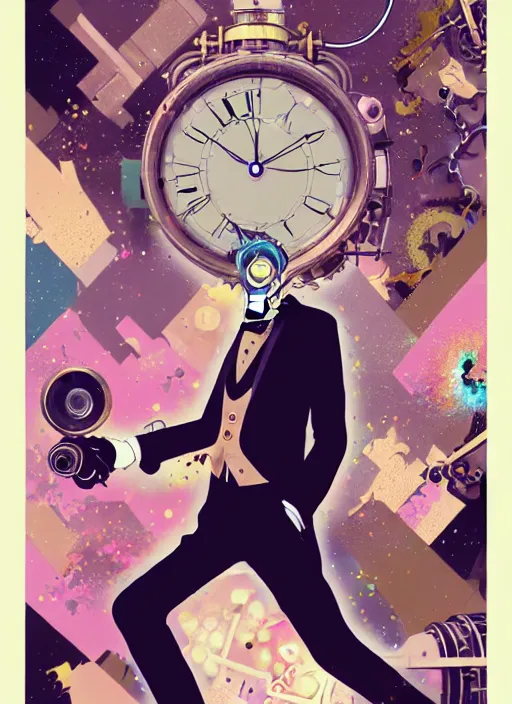 Image similar to arrogant elegant man travels through time via steampunk portals, pixiv fanbox, dramatic lighting, maximalist pastel color palette, splatter paint, pixar and disney exploded - view drawing, graphic novel by fiona staples and dustin nguyen, peter elson, alan bean, wangechi mutu, clean cel shaded vector art, trending on artstation