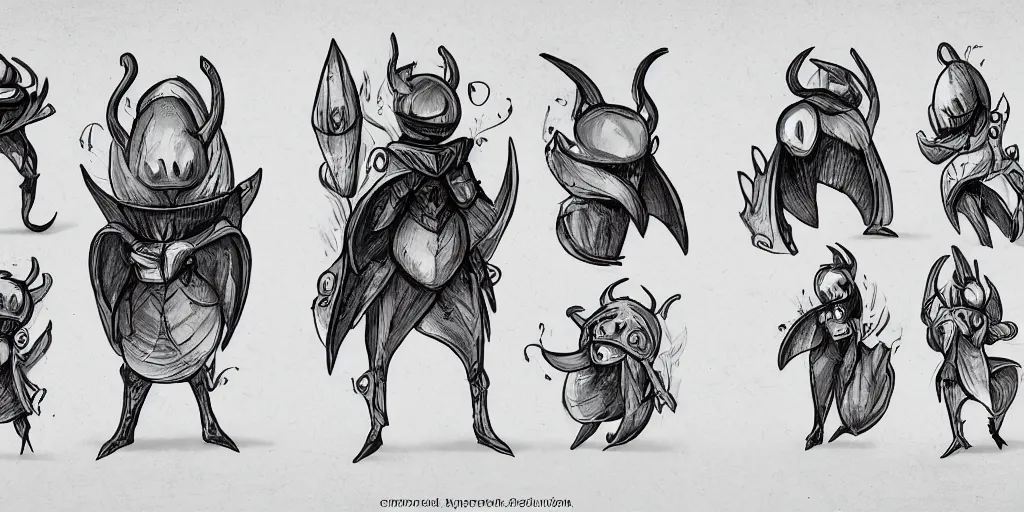 Image similar to cartoonish hollow knight, character sheet, fine details, concept design, contrast, front view, back view, ultra wide angle