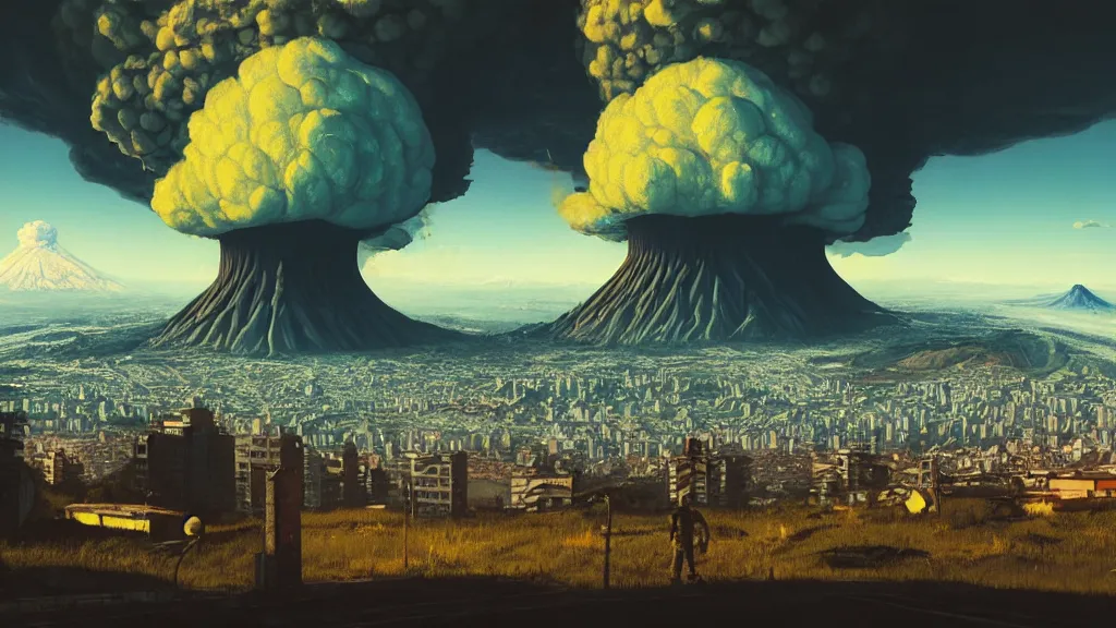 Image similar to Nuclear Fallout towering over the town of Quito by Simon Stålenhag and J.M.W. Turner, oil on canvas; Art Direction by Adam Adamowicz; 4K, 8K Ultra-Realistic Depth Shading